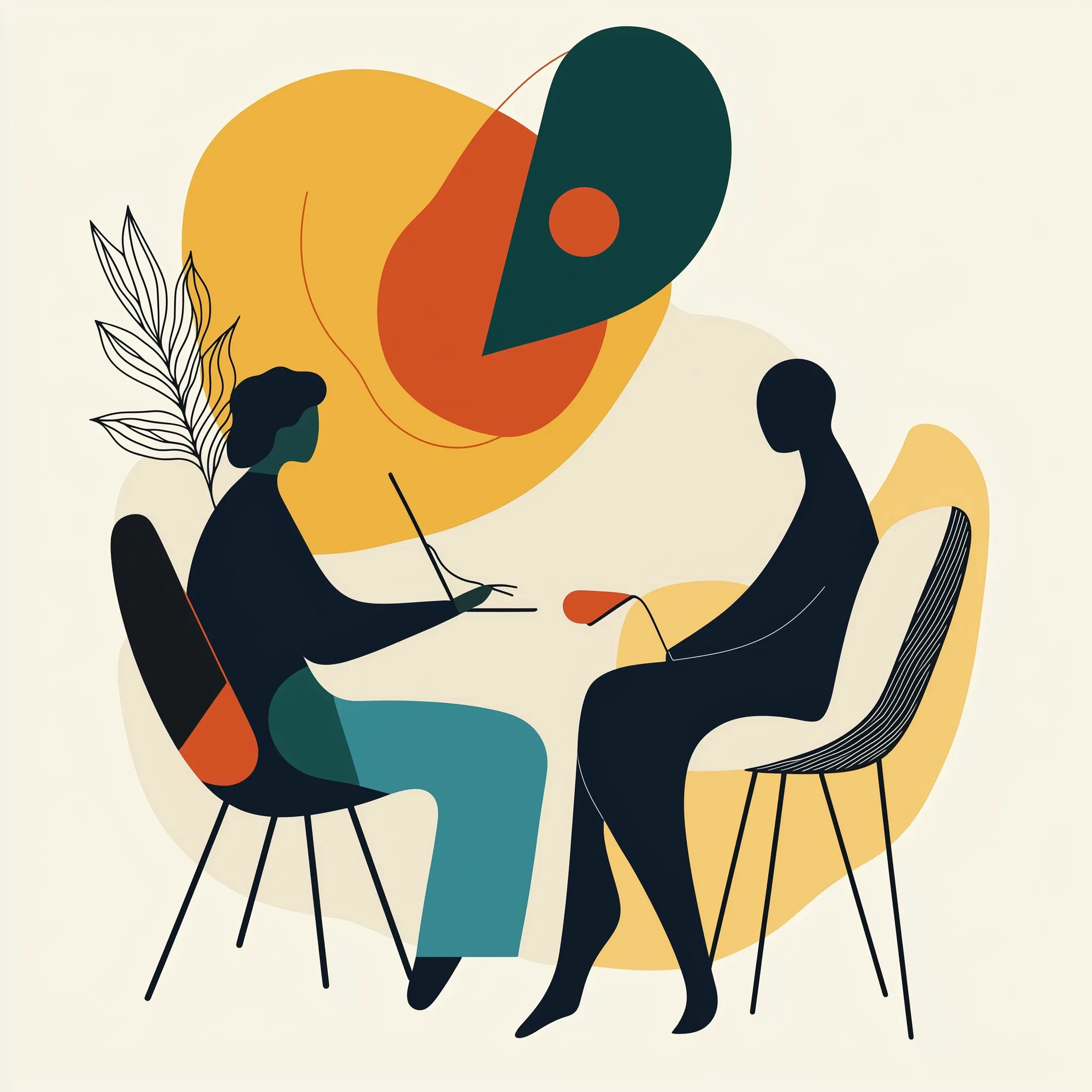 Illustration of a therapist and client seated together in session